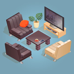 Isometric cartoon armchair, TV,  icon isolated on blue.