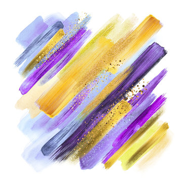 abstract watercolor brush strokes isolated on white, gouache paint grungy smear, artistic colors, natural violet purple yellow palette, gold glitter, boho fashion, intricate ethnic background