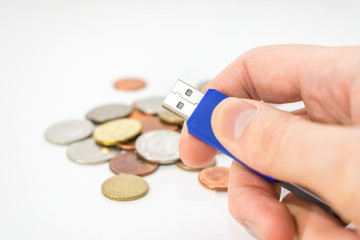 Closeup Hand Coins Texture Background Usb Stick Security Backup Storage Cryptocurrency Mining