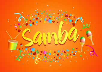 Poster for brazil dance Samba on carnival in Rio. Confetti around the inscription