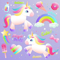 Unicorn cute set. Colorful rainbow, ice cream, magical liquid in a bottle with star