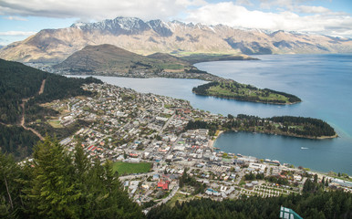 Fototapeta na wymiar The spectacular view of Queenstown one of the most beautiful town in South Island of New Zealand view from the top of Queenstown skyline on Bob's peak.