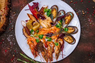Seafood grilled on plate