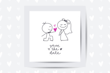 Hand drawn illustration of cute wedding couple, bride and groom, and lettering Save the Date