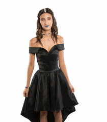 Fototapeta premium Young Teen girl in a black formal boutique fashion outfit on an isolated white background