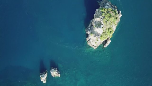 Aerial view from a drone of beautiful Nyaung Oo Phee island on sunny day in Myanmar
