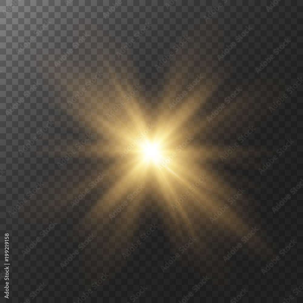 Wall mural yellow glow light effect. star burst with sparkles. sun with rays and glow on transparent background
