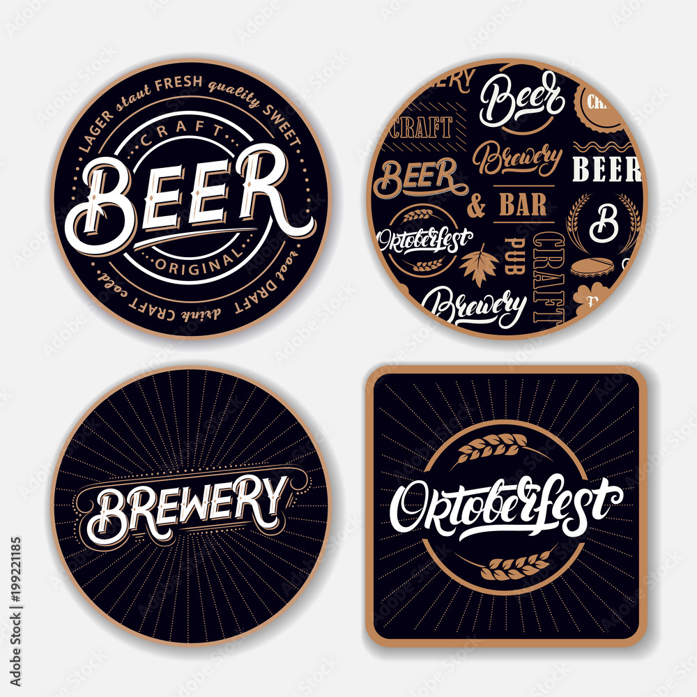 Wall mural Set of coasters for beer with hand written lettering words.