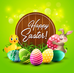 Easter greeting card with little rabbit, duck, colorful eggs, and a wooden sign