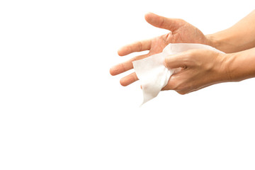 Man cleaning his hand with wet tissue isolated