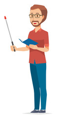 A bearded man wearing eyeglasses has a pointer