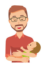 A bearded man wearing eyeglasses holds a baby in his arm