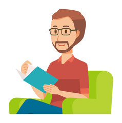 A bearded man wearing eyeglasses is reading on a sofa