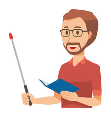 A bearded man wearing eyeglasses has a pointer