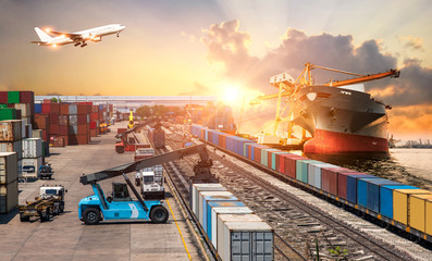 Global business of Container Cargo freight train for Business logistics concept, Air cargo trucking, Rail transportation and maritime shipping, Logistics business concept, distribution, delivery