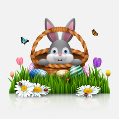 Cute Easter bunny in a basket with colorful eggs on a white background