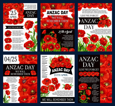 Anzac Day 25 April poppy flowers vector posters