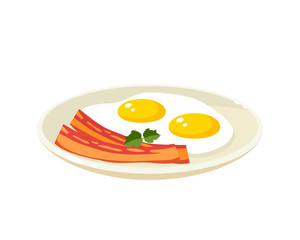 Breakfast, delicious start to the day. Plate with fried eggs, slices of bacon. Vector illustration cartoon flat icon isolated on white.