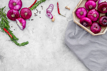 Red onion as seasoning. Onion near chili peper, rosemary, black peper, garlic on grey background...