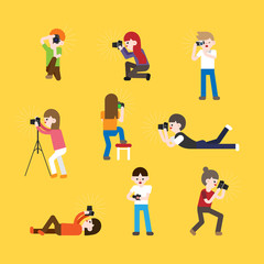 People are taking pictures in various poses. vector flat design illustration set 