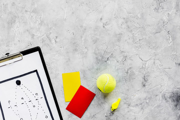 Sport judging concept. Tennis referee. Tactic plan for game, tennis ball, red and yellow cards,...