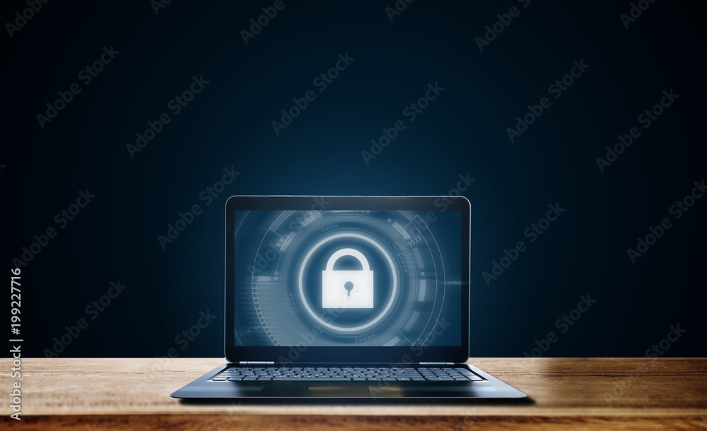 Wall mural cyber internet security system. lock icon technology on computer laptop screen