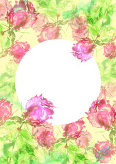 Watercolor greeting card with rose flower, bouquet of flowers, rose, peony, buds, green leaves, splash of paint. Beautiful vintage postcard, card, invitation, frame. On a yellow vintage background.