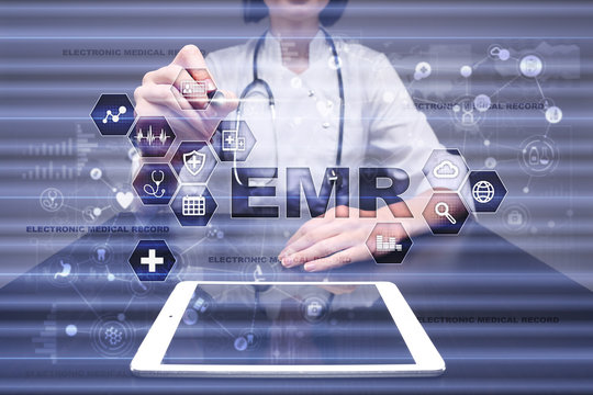 Electronic Health Record. EHR, EMR. Medicine And Healthcare Concept. Medical Doctor Working With Modern Pc.