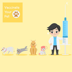 Frighten cute dogs, cat, doctor with injection needle character for vaccinate pets on background, vaccine concept, safety life, people health care, medical, medicine, flat design vector illustration.