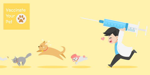 Frighten cute dogs, cat run doctor with injection needle character for vaccinate pets on background, vaccine concept, save life, people health care, medical, medicine, flat design vector illustration.
