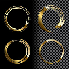 Round golden frame made of brush strokes isolated on transparent background. Vector design element set.