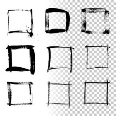 Square grunge frames isolated on transparent background. Vector design element set.