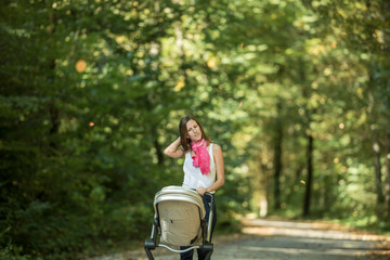 Fototapeta na wymiar Woman pushing baby carriage in park
