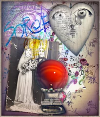 Vlies Fototapete Phantasie Sfondo surreale con palla di cristallo,cuore e vecchia fotografia