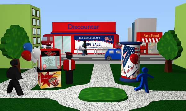 Park mit Blick auf einen Discounter mit Werbung für den amerikanischen unabhängigkeitstag. 3d render