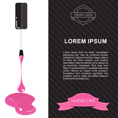 Nail polish spill. Template for advertising flyer, business card, manicure salon. Flat vector cartoon illustration. Objects isolated on white background.