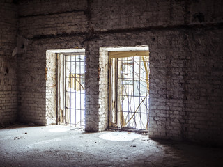 Fototapeta na wymiar abandoned destroyed hall with beautiful light fill the scene