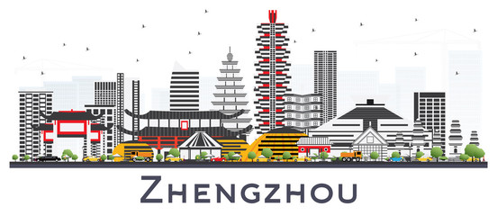Fototapeta premium Zhengzhou China City Skyline with Gray Buildings Isolated on White.