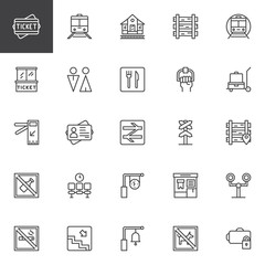 Railway outline icons set. linear style symbols collection, line signs pack. vector graphics. Set includes icons as train station, ticket box office railway, subway, train, toilet, restaurant, baggage