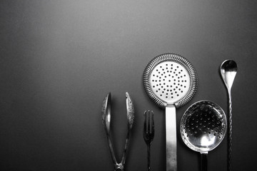 Bartender equipment for making cocktail. Strainer, spoon. Food and beverages concept. Food and...