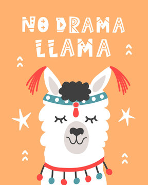 No Drama Llama. Hand Drawn Poster with Cartoon Cute Alpaca