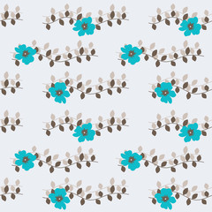 Fototapeta na wymiar Seamless pattern with blue flowers and brown leaves on a gray background. It can be used for packing of gifts, tiles fabrics backgrounds. Vector illustration.