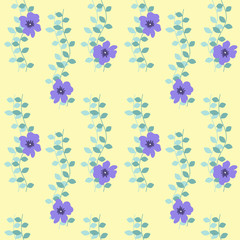 Seamless pattern with purple flowers and green leaves on a yellow background. It can be used for packing of gifts, tiles fabrics backgrounds. Vector illustration.