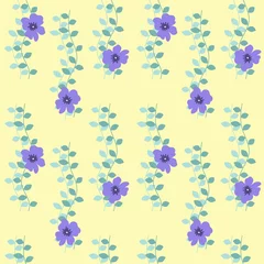 Poster Seamless pattern with purple flowers and green leaves on a yellow background. It can be used for packing of gifts, tiles fabrics backgrounds. Vector illustration. © irynaalex