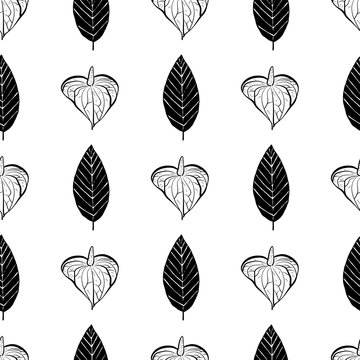Seamless pattern with flowers of Calla Lily and leaves in black and white colors