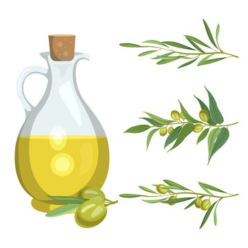 Bottle with olive oil and olive branches