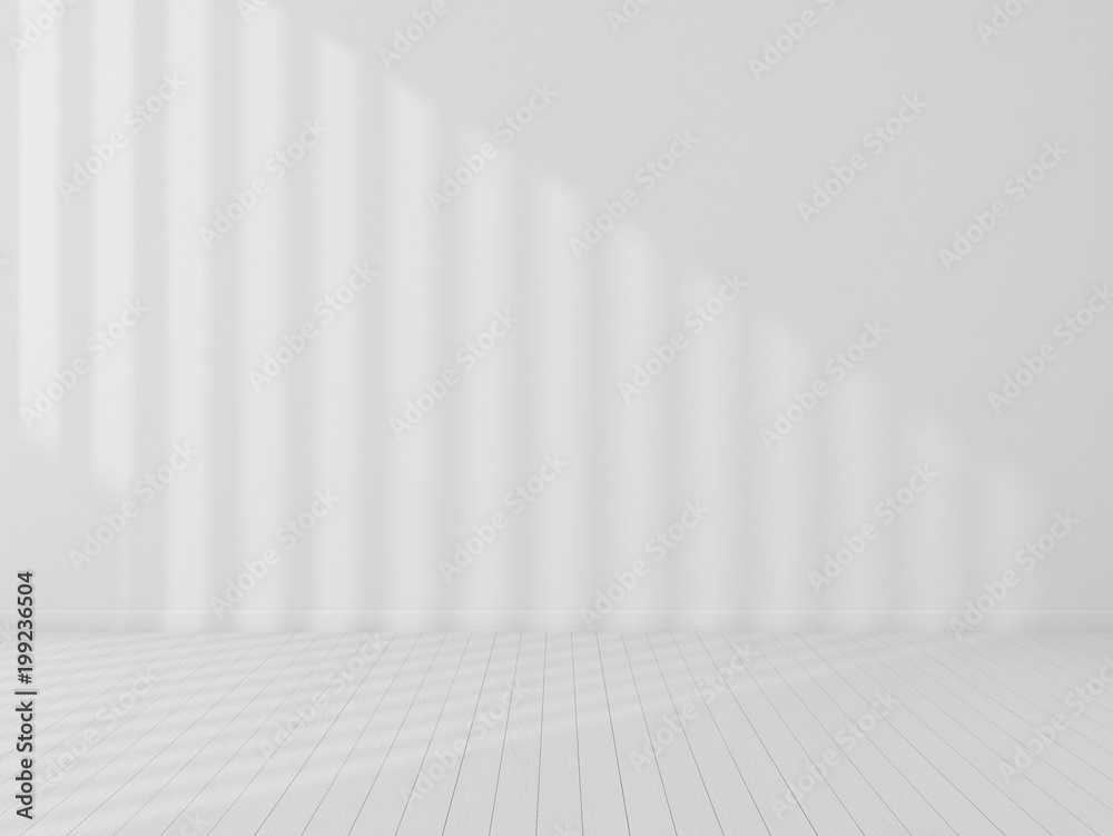 Poster 3d stimulate of white room interior and wood plank floor with sun light cast rhythm of shadow on the