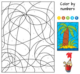 A small tropical island with a palm tree. Color by numbers. Educational puzzle game for children. Coloring book. Cartoon vector illustration