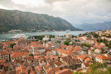 Naklejka na ściany i meble View of old town roofs in a Bay of Kotor from Lovcen mountain in Montenegro.