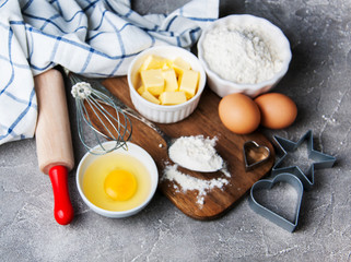 Kitchen table with baking ingredients